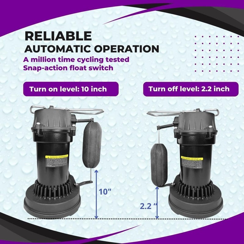 RainBro 1/2 HP Thermoplastic Submersible Sump Pump With Vertical Float Switch, Utility Pump, Model# PSU051V - Image 3